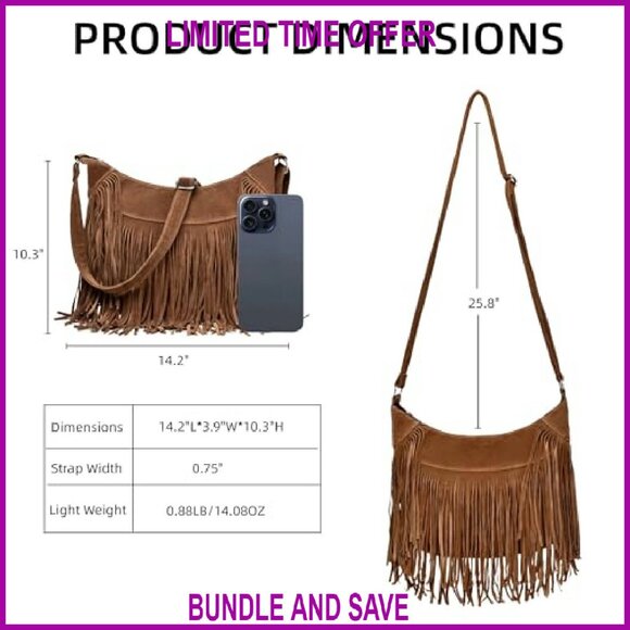 Vintage Vegan Suede Hobo Crossbody Bag with Fringe Tassels, Multi-Pocket - Picture 5 of 8
